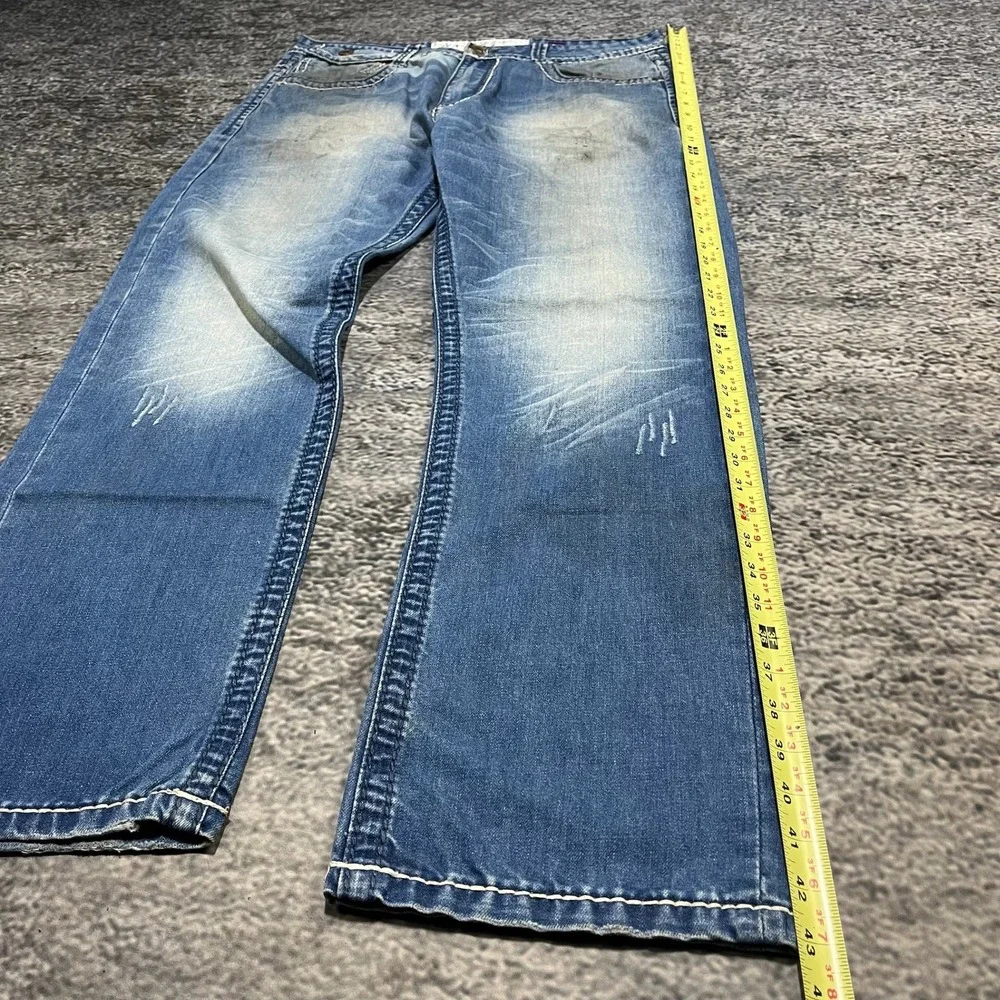 Akoo Jeans Mens 36x32 Blue Embroidered Denim Flap Pockets Streetwear Vintage Y2K